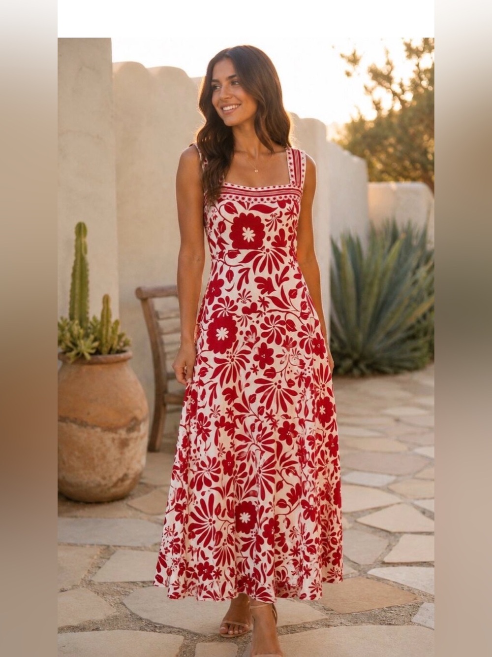 MSK Red Cream Floral Square Neck Smocked Back Maxi Dress Large NWT 100% Rayon